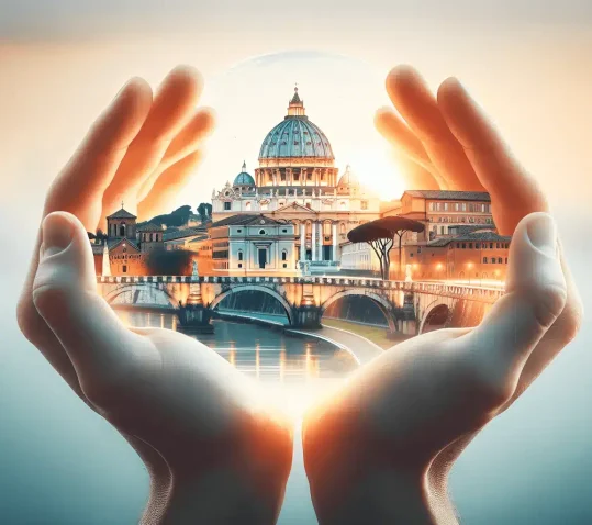 Mani che tengono una sfera di cristallo contenente un paesaggio urbano in miniatura, che mostra un grande edificio a cupola e un ponte su un fiume, con la calda luce del sole che illumina la scena: un'allegoria delle collaborazioni e convenzioni FisioPrati Roma.
