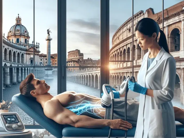 Un medico esegue la tecarterapia su un paziente disteso su un lettino, sullo sfondo si vede uno skyline caratterizzato da un'architettura romana classica, visibile attraverso grandi finestre. Un medico esegue la tecarterapia su un paziente disteso su un lettino, sullo sfondo si vede uno skyline caratterizzato da un'architettura romana classica, visibile attraverso grandi finestre.
